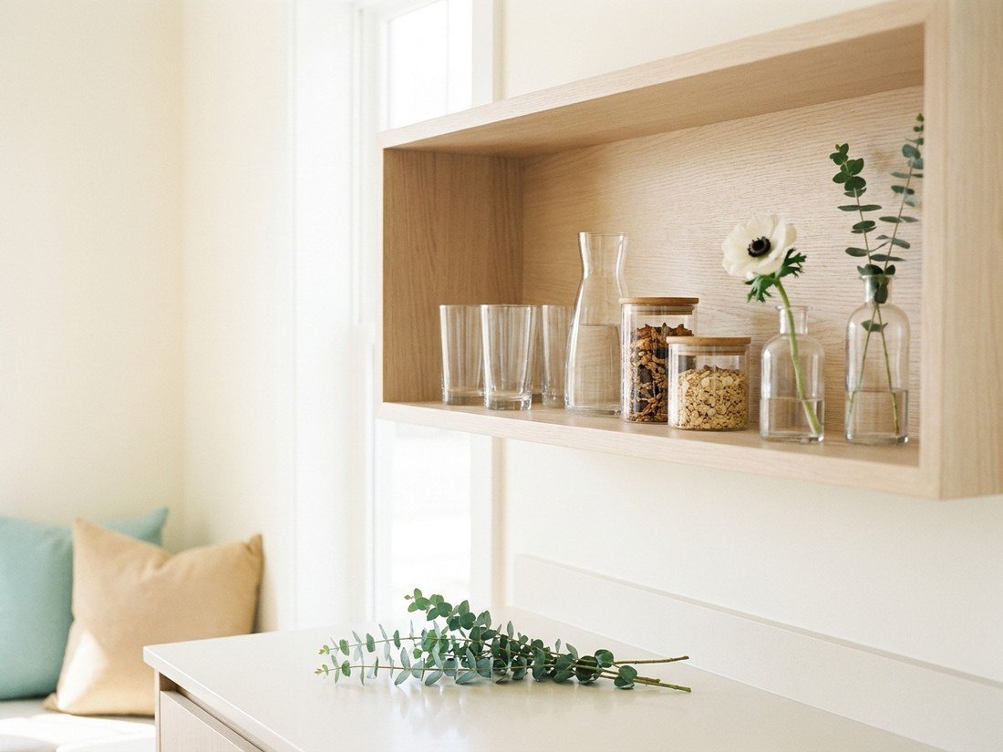 A styled shelf of clear glassware